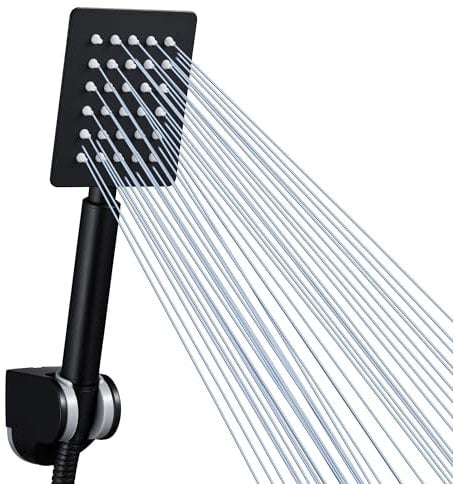 Soffione Doccia Portatile Interamente in Metallo, Soffioni Doccia ad Alta Pressione Voolan, Soffione Doccia Manuale Nero con Nastro in Teflon. Quadrato