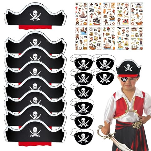 QSZHSL 26 Pièces Accessoires Pirate Enfant, Cache-Oeil Pirate, Chapeau de Pirate, Tatouages de Pirate, Ensemble Pirate Enfant, Autocollants Pirate, Cadeau Pirate Cosplay Pour Halloween Carnaval
