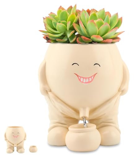 Trasylph Lustige Blumentöpfe, einzigartige Gesichts-Blumentopf-Kopf-Vase für Pflanzen für Innen- und Außendekoration, frecher Junge Pflanzengesichtstopf mit Drainageloch