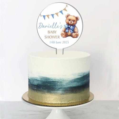 Personalised Baby Shower Cake Topper – Custom Child's Name & Date – Teddy Bear Acrylic Cake Decoration – 3 Colour Options – Baby Party Keepsake (Blue)