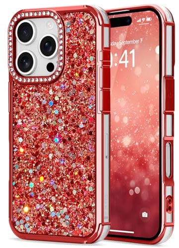 ROSEHUI Glitter Sequin Bling Phone Case for iPhone 16 Pro Max, Red | Cute with Rhinestone Diamonds, TPU Shockproof Protective Cover, Clear TPU Bumper, Luxury Slim, Fashion for Women Girls