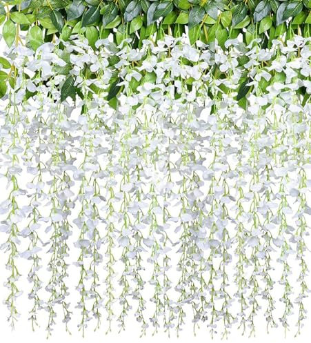 Macrak 7.2 Ft Artificial Wisteria Flowers, 16 Branches Artificial Flowers Vine Garland Plants for Wedding Party Garden Home Decoration (White)