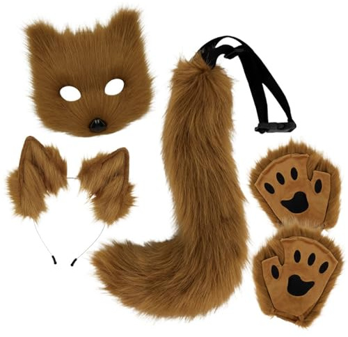 Generisch Fuchsschwanz Halloween Kostüm Damen Fuchs Kunstpelz Flauschige Katze Wolf Plüsch Maske Pfote Handschuhe Cosplay Set Für Ohren Masken