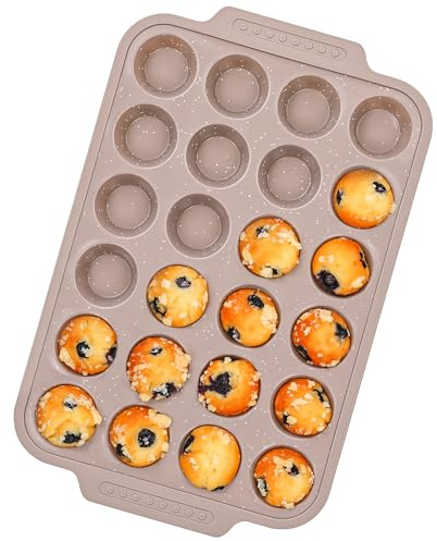 AOTASO 1 Pc Silicone Muffin Pans for Baking with Metal Reinforced Frame, Nonstick Cupcake Tray for Oven, 24 Cups Mini Size Silicone Molds for Egg Bites, Dishwasher Safe (Brown)