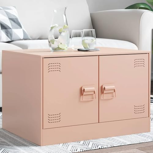 QUAHEAS Table basse rose 67 x 50 x 44 cm, en acier laminé à froid, avec espace de rangement pour le salon, table d'appoint stable avec 2 portes et poignées, facile d'entretien