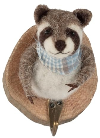ETC Baden dekorative putzige Deko-Wandhaken Wand-Deko Holzplatte mit Tierkopf Waschbär aus Filz