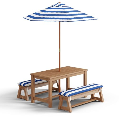 Blishom Kindersitzgruppe mit Sonnenschirm, Outdoor-Sitzgruppe mit Kissen, Kindertisch, Spieltisch für Garten, Terrasse, Veranda, Patio (Blau)