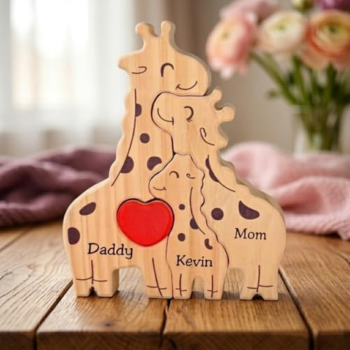 VEELU Personalisiertes Holzkunstpuzzle der Giraffefamiliemit 2-5 Namen | Familien Geschenke für Mama, Oma, Papa, Mutter zum Muttertag & Vatertag | Holz Giraffe Desktop Ornament Home Tischdekoration
