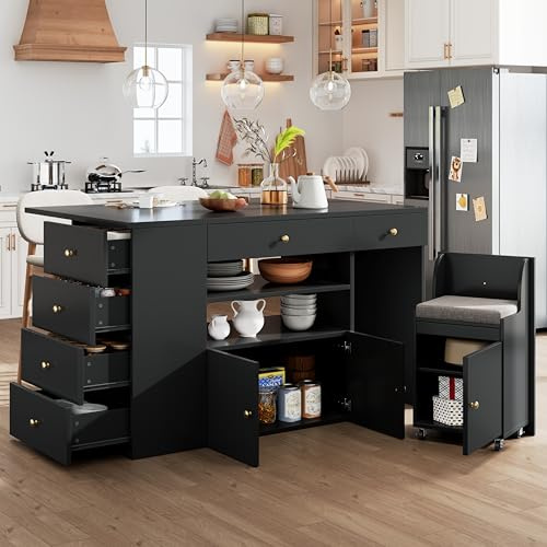 eisaro Isla de cocina con encimera y taburetes de 140 cm, color negro, isla de cocina móvil con ruedas, 6 cajones y espacio de almacenamiento, mesa de bar con asiento para cocinas pequeñas
