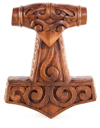 Massive Holzfigur Wandschmuck Thorshammer aus Schonen, klein Schnitzwerk LARP Mittelalter Wikinger Thor