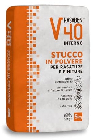 RASABEN - Stucco in Polvere V40 Extra Fine a Base di Gesso per Rasature e Finiture, Ottima Carteggiabilità, Non Ritira o Crepa, per Muri Interni e Cartongesso, Made in Italy, Sacco da 5kg