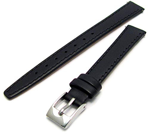 WatchWatchWatch Smooth Stitched Ladies' Leather Watch Strap 12mm Black Silver Buckle C088