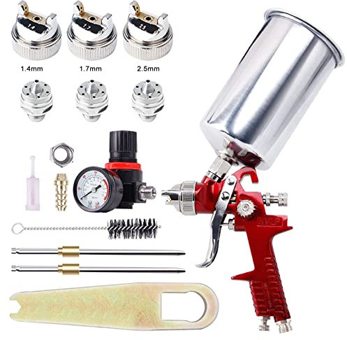 BANG4BUCK Pistolet pulvérisateur HVLP à alimentation par gravité haute performance avec embouts fluides de 1,4 mm, 1,7 mm, 2,5 mm, tasse en aluminium 1000 cc pour peinture automobile, apprêt, couche