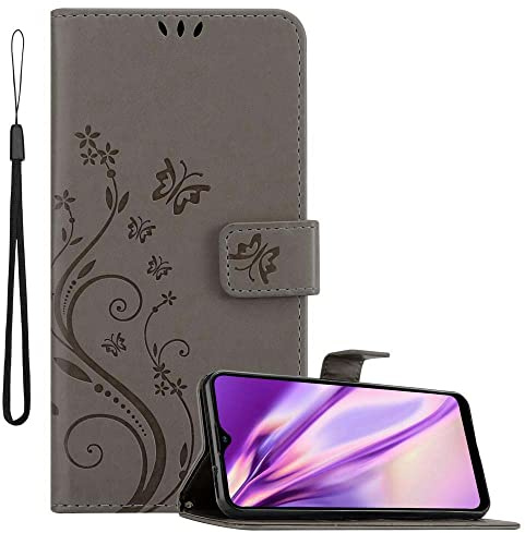 Cadorabo Hülle kompatibel mit Samsung Galaxy A20s Blumen Design aus Premium Kunst Leder Flip Klappbare Stoßfeste Magnetische [Standfunktion] [Kartenfächern] Cover Hülle für Galaxy A20s Tasche in Grau