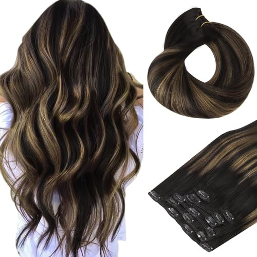 hotbanana Clip In Extensions Echthaar, Balayage Natürliches Schwarz bis Hellblond 60cm 120g 7 Stück Unsichtbar Clip In Echthaar Extensions Günstig Haarverlängerung Remy Hair Extensions 24 Zoll