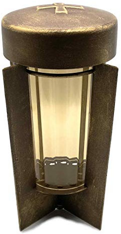Grablaterne, Grableuchte wetterbeständig aus Metall, rund mit Kreuz auf Deckel, Erdspieß und Kunststoffglas 25,5 cm (Laterne: Bronze - Glas: Bronze)