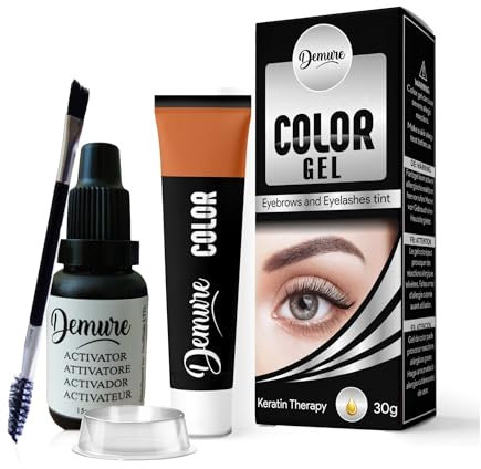Kit de Tinte de Cejas y Pestañas Demure Color Gel 30g (Gel+Activador), de Fórmula Profesional con Complejo de Queratina, Color natural y duradero de hasta 4 semanas (Negro 1.0)