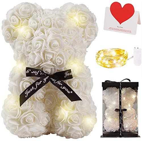 Zodight Orso di Rose, Orsacchiotto Composto da Rosa Artificiali con Luce Led, Creativo Floreale Regalo, San Valentino Comprese Scatole Trasparenti Biglietti di Auguri