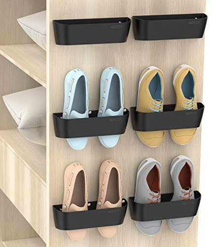 Yocice Wandmontiertes Schuhregal, 6 Stück, mit Klebestreifen zum Aufhängen, Kunststoff-Schuhhalter, Aufbewahrung, Organizer, Tür-Schuhaufhänger (SM03-Schwarz-6)