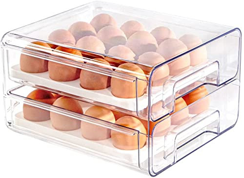 BigTron Egg Storage Double Layer egg basket with Lids 32 Grid Egg Container for fridge organizer Reusable Food Fruit Vegetables Meal Fresh Keeper Bins (Clear)