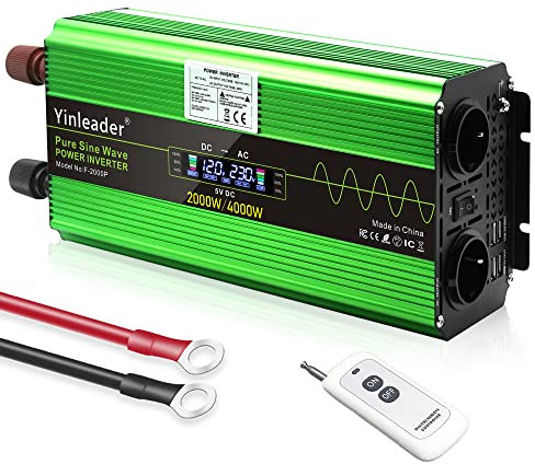 Yinleader 12V auf 230V Reiner Sinus Wechselrichter 2000W / 4000W Spannungswandler | 2 x Steckdosen und 4 USB-Anschlüsse | LCD Display mit Fernbedienung.