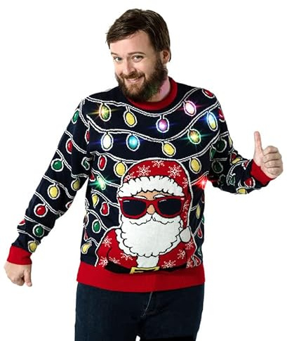 Pull de Noël Laid, LED Sweat à Tricoté Drôle de Noël pour Hommes avec Un Renne Elfe Lama et Un Arbre de Noël, Sweat-Shirt Festif Unisexe pour Noël Season's Shake Off XXL