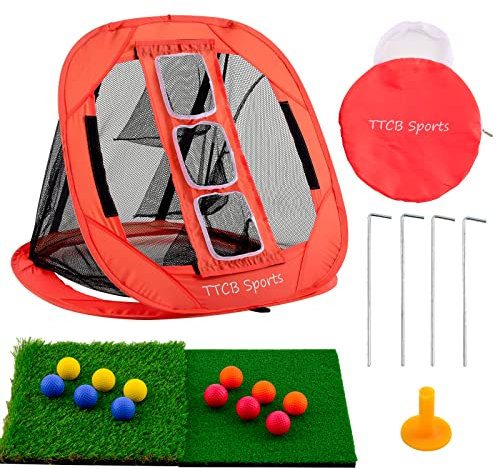 TTCB Sports Golf Chipping Net, Pop Up Simulator Hitting Net with 2 Turf Mat & 12 Foam Balls, Golfer Accessories for Backyard & Driving Range, Great Gifts for Men, Portable Golf Net Indoor/Outdoor