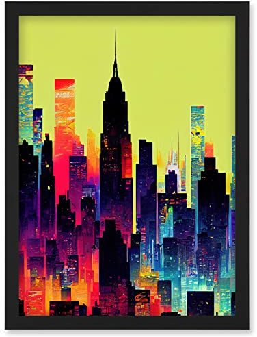 Wee Blue Coo New York Vibrant Multi Coloured Graphic Design Skyscraper Cityscape Silhouette Artwork Framed Wall Art Print A4
