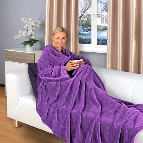 Gräfenstayn® Kuscheldecke mit Ärmeln und Fußtasche - Flauschige Decke zum anziehen - Öko-tex Standard 100 - Ärmeldecke für Damen & Herren - TV-Decke (Lila, 200x170cm)