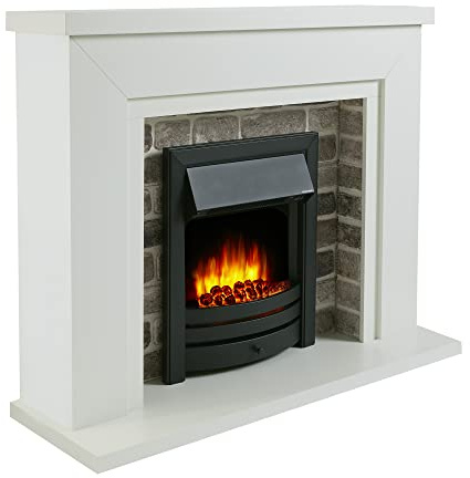 Endeavour Fires Flamborough 48 Inch Electric Fireplace Suite with Surround | Realistic Flame & Coal Effect Fire, 1-2kW Eco Heater, 7-Day Programmable Remote, 3D Brick Back Panel, White Top, Black Fire