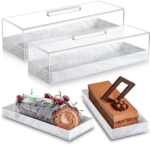 Dandat 2 Pcs Rectangular Serving Tray with Lid Grey Black Marbleized Grain Rectangular Cake Stand Acrylic Cake Holder Rectangle Pastry Display Case Elegant Marble Dessert Tray with Lid (Grey)