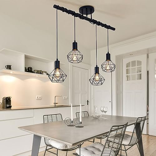 Decken Hängelampe Industrial Pendelleuchte Esstisch Schiene Lampe Gitter schwarz, Höhenverstellbar mit diamantförmigen Spots 4 Flammig, LxH 80x100 cm, Esszimmer