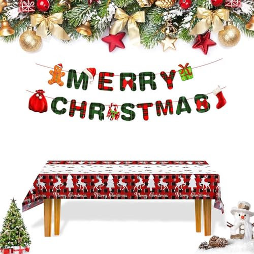Catelves Weihnachtsbanner, Tischdecke Weihnachten, Weihnachtstischdecke, Weihnachtsdeko Banner, Frohe Weihnachten Banner, Merry Christmas Girlande, Tischdeko Weihnachten (147×137cm)