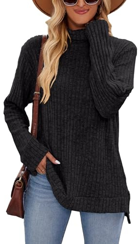 Famulily Rollkragenpullover für Frauen, übergroße Herbst Winter Langarm Pullover Side Splits Tunika Tops