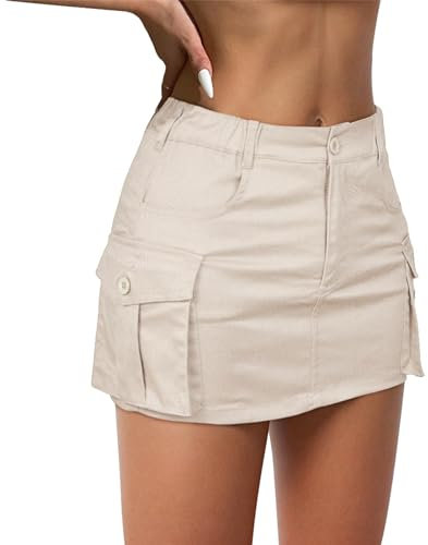Durio Damen Minirock Cargo Rock Y2K Skirt Sommer Jeansrock Hüftrock Elastisch Niedrige Taille Mit Taschen Aprikosenfarbe S