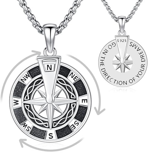 Friggem Collana Bussola, Ciondolo Bussola ruotare in Argento Sterling 925 e Collana Ciondolo Uomo, Gioielli Amuleto Regali stagione laurea per uomo e donne