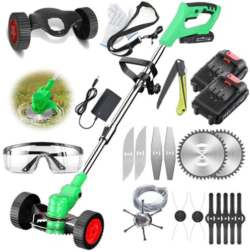 Garden Strimmer Electric Cordless with Blades Grass Trimmer Cordless String Trimmer Grass Trimmer with Battery and Charger Weed Brush Cutter Kit (green)