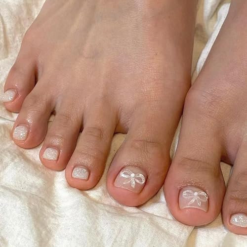 3D Bowknot Square False Toenail Short French Press on Toenails Glossy Nude Pink Acrylic Stick on Toenails Full Cover Artificial Silver Glitter Fake Toenails for Women Girls Nail Art Decorations 24Pcs