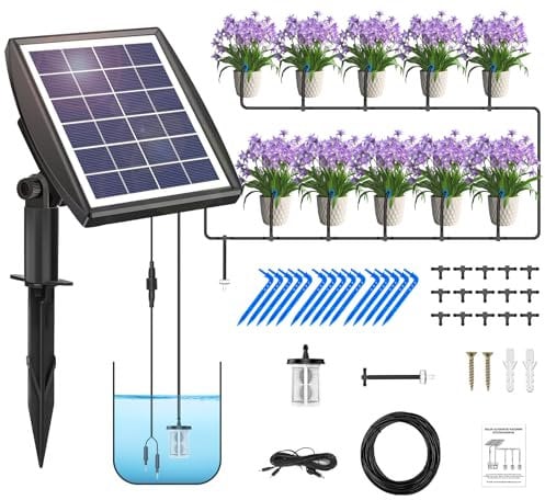 Sistema de Riego Solar para Jardín,Kit de Riego por Goteo Automático Energía Solar,Riego Solar Sistema Automático, Riego Manguera de 15 m para Jardín/Plantas de Balcón/Plantas en Macetas al Aire Libre