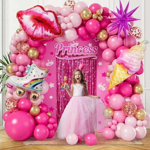 125 Stück Rosa Luftballons Girlande, Ballon Girlande Rosa mit Lippenform Eiscreme Rollschuh Explosionsstern Folienballons für Mädchen Prinzessin Geburtstagsdeko,Babyparty, Hochzeit Partydeko