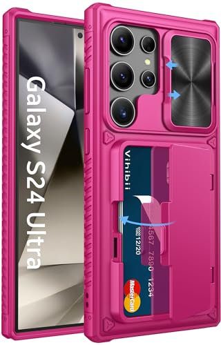 Vihibii pour Samsung Galaxy S24 Ultra Coque avec Porte-Carte & Cache Caméra & Support, Protection Militaire Antichoc Étui Antidérapante Anti-Rayures Case pour Samsung S24 Ultra 6,8'', Rose Néon
