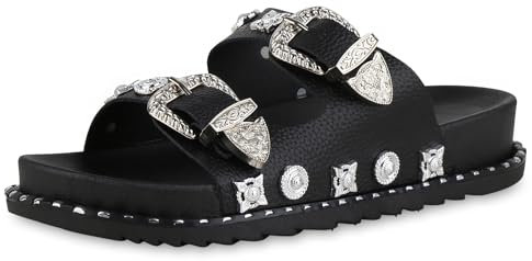 VAN HILL Damen Pantoletten Flach Zierperlen Trendy Schuhe 214822 Schwarz 38