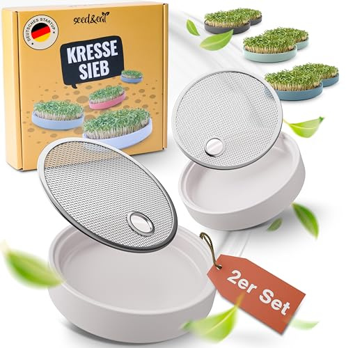 seed&eat Kressesieb (13cm) - 2er Set, Anzuchtschale für Kresse & Microgreens, mit Sprossenheft [E-Book], Keramikschale + Edelstahlsieb