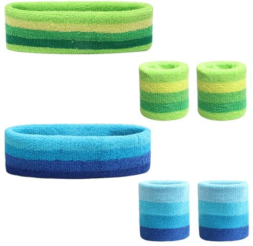 Set mit gestreiften Schweißbändern und Armbändern, 70er Jahre Vibes, Sport-Frottee-Stirnband für Kostüm, Workout-Zubehör (grün/himmelblau)