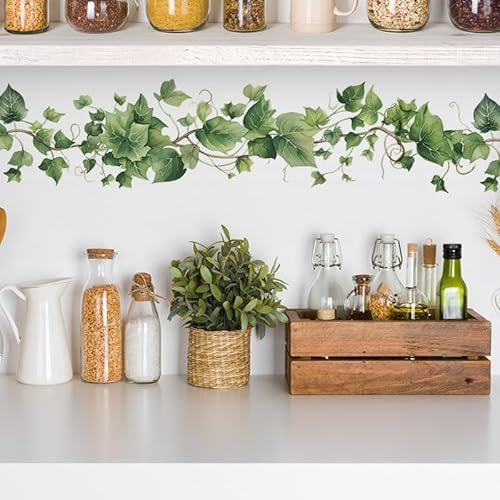 HGDESIGN® Wandtattoo Wandaufkleber Grüne Blätter Pflanzen Blume Ranke Efeu Rebe Blumentopf Wandsticker Wanddeko für Wohnzimmer Schlafzimmer Flur Küche Leiste (A)