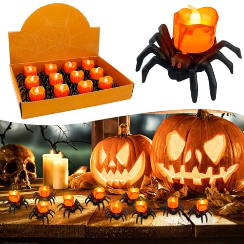 KOIROI Halloween Spinne Kerzenlicht, 12 Stück Halloween LED Kerzen, Kürbis Teelichter Kerzen, Halloweens Deko Spinne Kerzenlicht, Halloweens Kerzen Licht für Party Tischdeko Innen Außen Home Deko