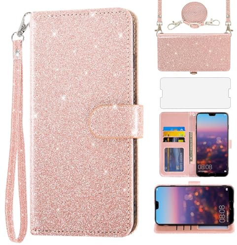 Asuwish Handyhülle für Huawei P20 Hülle mit Band Folie Schutzfolie Kartenfach Klappbar Glitzer Leder Geldbörse Ständer Hawaii P 20 20P EML-L29 Handy Hüllen Schutzhülle Handyhüllen Phone Case Roségold