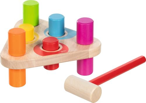 goki 58339 Banco de martillo de madera de colores arco iris, juguete triangular de madera para niños, juguete de habilidades motoras con 6 bloques y martillo, juguete educativo educativo, fabricado en