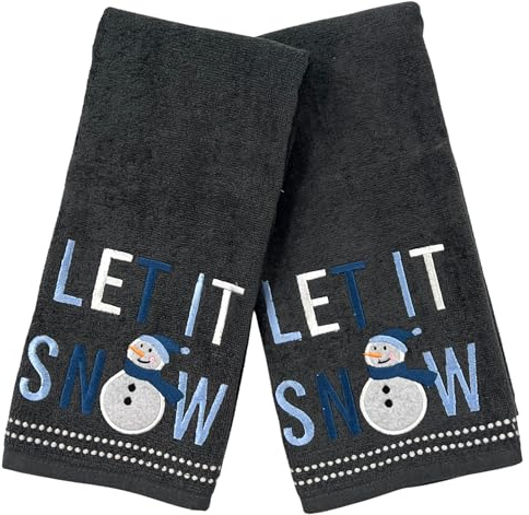 Serafina Home Christmas Winter Hand Towels, Embroidered Snowman Let it Snow, 2 Piece Set, 16 x 25 inches, Dark Gray, Holiday Bathroom Decor