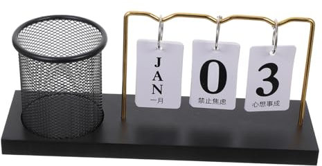 Lurrose Wooden Perpetual Flip Calendar Pen Holder Multi-functional Desk Organizer for Office Classroom and Home Decor Daily Flip Calendar Cute Design for Desk Organization